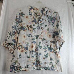 St. Tropez West 100% Linen Tunic Top Floral Size XL Flower Bohemian Pullover